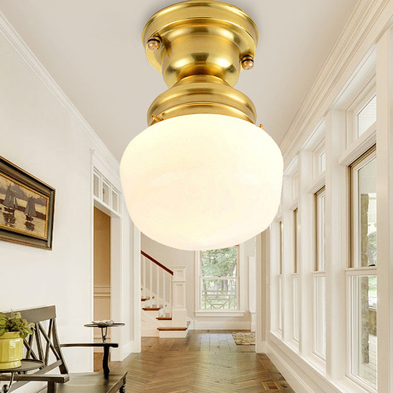 Classic Round White Glass Flush Mount Lamp with Brass 1 Light Ceiling Lighting - for Living Room