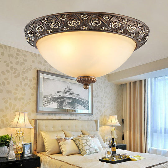 Traditional Brown Flush Light Fixture with Frosted Glass Bowl - 3 Lights - Bedroom Ceiling Mount - 10"/14.5"/18.5" Wide