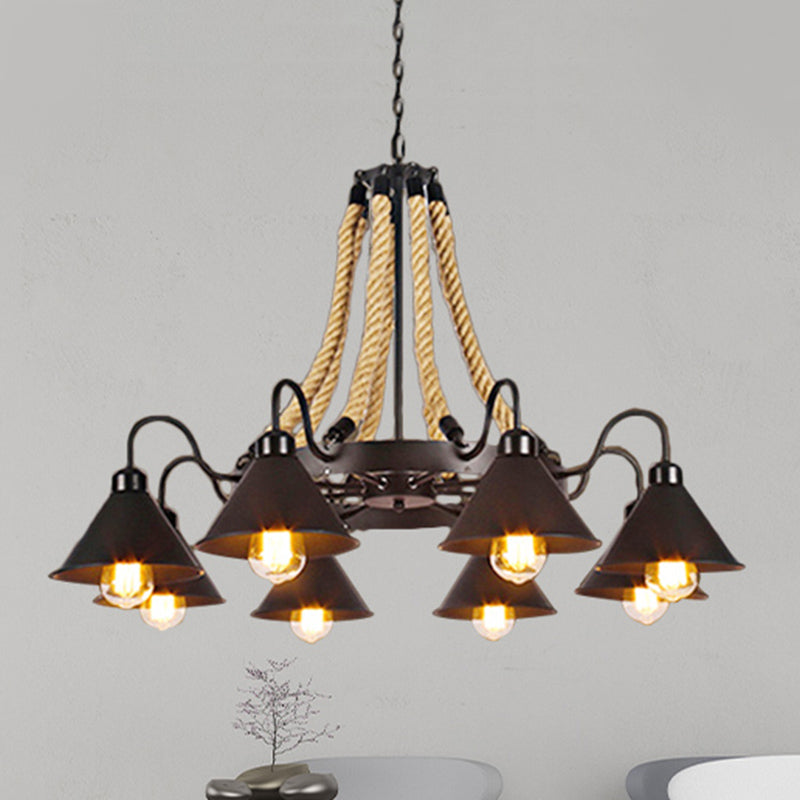 Lustre conique métallique de style ferme - Suspension à 6/8 lumières avec détails en corde, noir