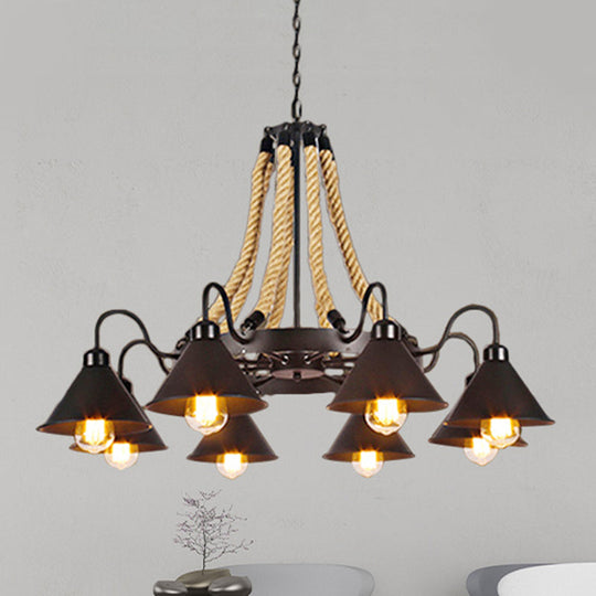 Lustre conique métallique de style ferme - Suspension à 6/8 lumières avec détails en corde, noir
