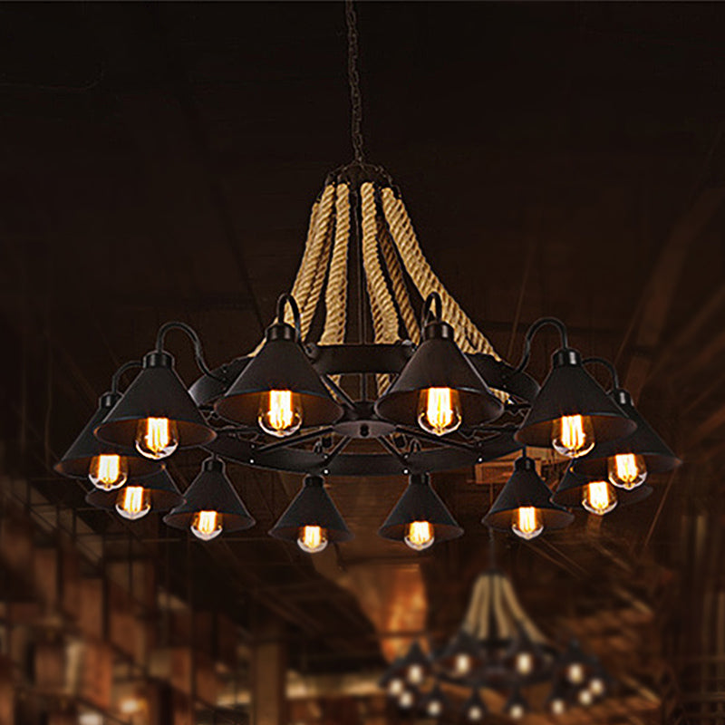 Lustre conique métallique de style ferme - Suspension à 6/8 lumières avec détails en corde, noir
