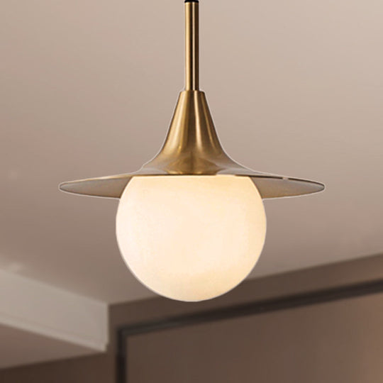Mid Century Brass Pendant Light With Flared Milk Glass Ball Shade Ideal For Dining Table