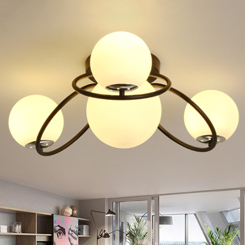 Classic 4-Light Opal Glass Semi-flush Ceiling Fixture in Black/White for Living Room