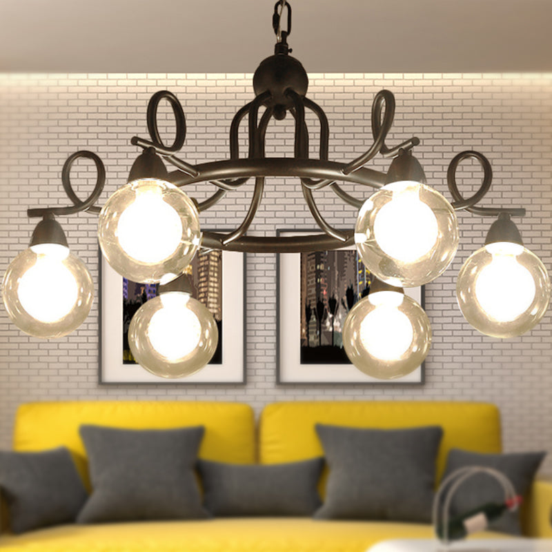 Rustic Mini Ball Clear Glass Pendant Light Fixture - 6/8-Light Hanging Chandelier in Black