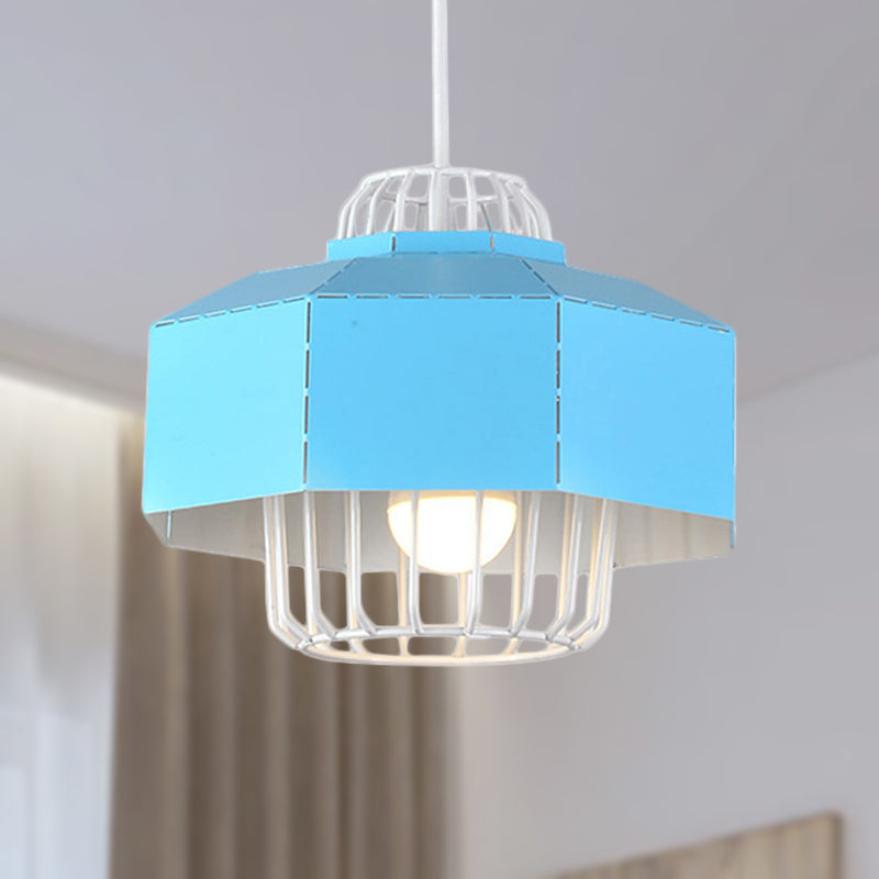 Macaron Style Drum/Bowl Shade Pendant Light - Metallic Hanging Lamp In Blue/Orange For Dining Table