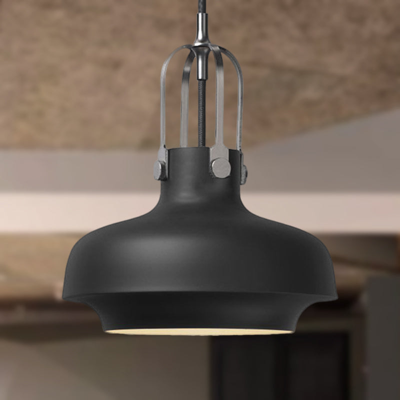 Industrial Metallic Pendant Light with Adjustable Cord - Black/White Bowl Shade, 1-Light, for Living Room