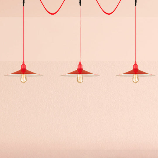 Red Industrial Flared Hanging Lamp: Metallic 3/5-Light Fixture for Kitchen