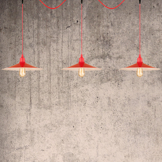 Flared Industrial Style Hanging Lamp Red 3/5 Light Fixture For Kitchen