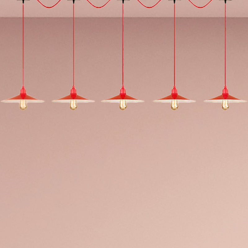 Red Industrial Flared Hanging Lamp: Metallic 3/5-Light Fixture for Kitchen