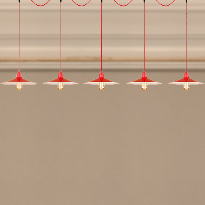 Red Industrial Flared Hanging Lamp: Metallic 3/5-Light Fixture for Kitchen