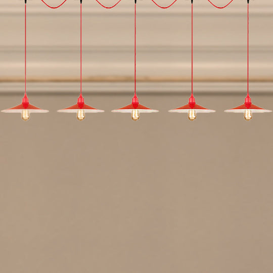 Red Industrial Flared Hanging Lamp: Metallic 3/5-Light Fixture for Kitchen