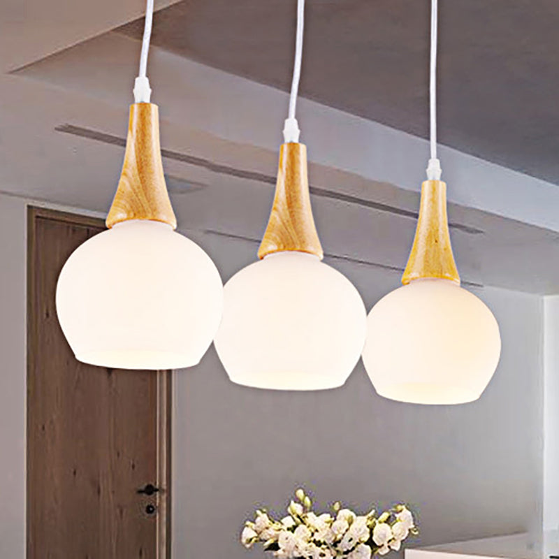 3-Head Modernist Pendant Lamp - White Glass & Wood Ceiling Light For Dining Table