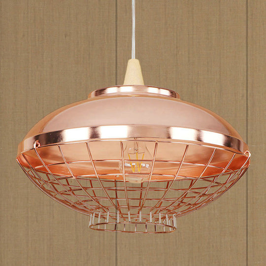 Vintage Rose Gold Pendant Light with Wire Cage - Metallic Shade for Living Room Ceiling