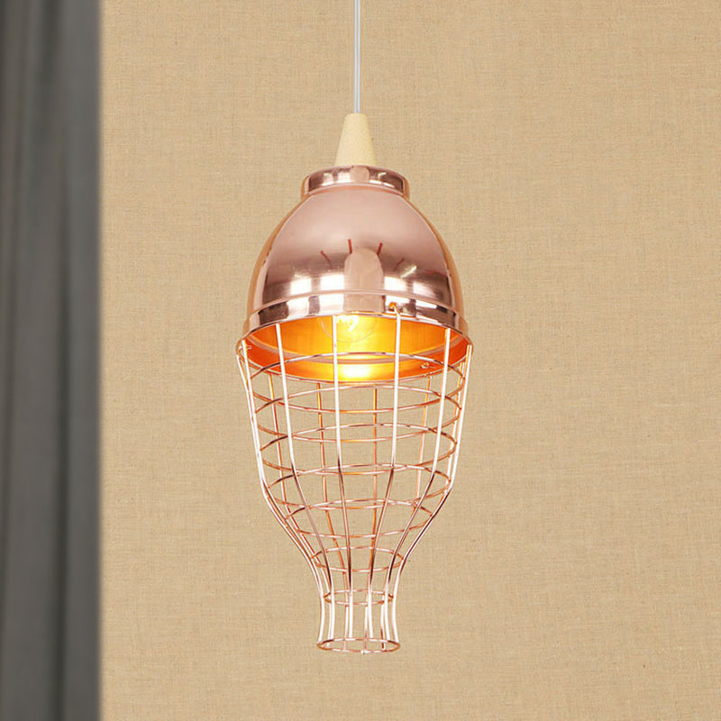 Vintage Rose Gold Pendant Light with Wire Cage - Metallic Shade for Living Room Ceiling