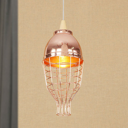 Vintage Metallic Pendant Light - Rose Gold Bowl/Globe/Bottle Shade With Wire Cage For Living Room