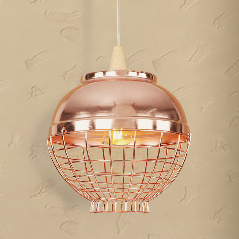 Vintage Metallic Pendant Light - Rose Gold Bowl/Globe/Bottle Shade With Wire Cage For Living Room