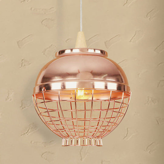 Vintage Metallic Pendant Light - Rose Gold Bowl/Globe/Bottle Shade With Wire Cage For Living Room