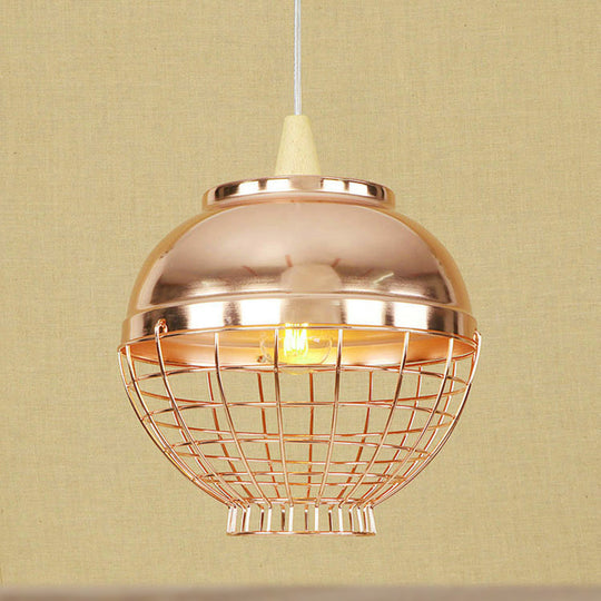Vintage Metallic Pendant Light - Rose Gold Bowl/Globe/Bottle Shade With Wire Cage For Living Room