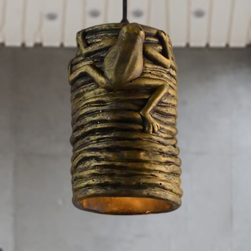 Industrial Frog Deco Cylinder Pendant Light: 1-Light Cement And Resin Lamp In Brass/Black/Grey For