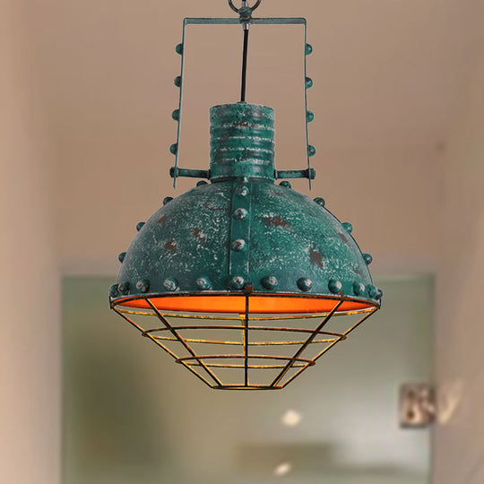 Metal Ceiling Hanging Light: Rustic Wrought Iron Pendant Lamp with Wire Guard and Rivets in Black/Green
