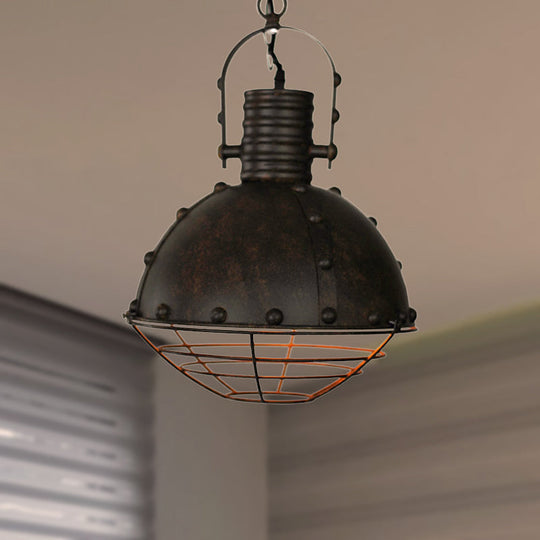 Metal Ceiling Hanging Light: Rustic Wrought Iron Pendant Lamp with Wire Guard and Rivets in Black/Green