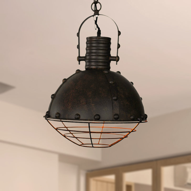 Metal Pendant Lamp With Domed Ceiling Hanging Design Wrought Iron Wire Guard Rivets - Black/Green