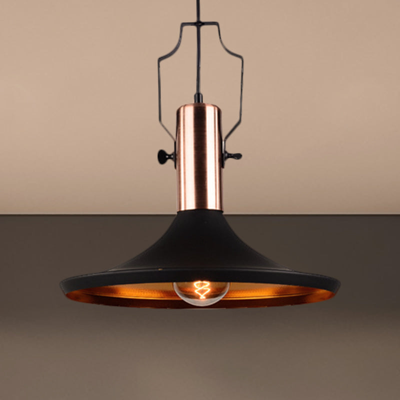 1-Bulb Pendant Light: Adjustable Metallic Hanging Ceiling Light In Black With Cone/Urn/Flared Shade