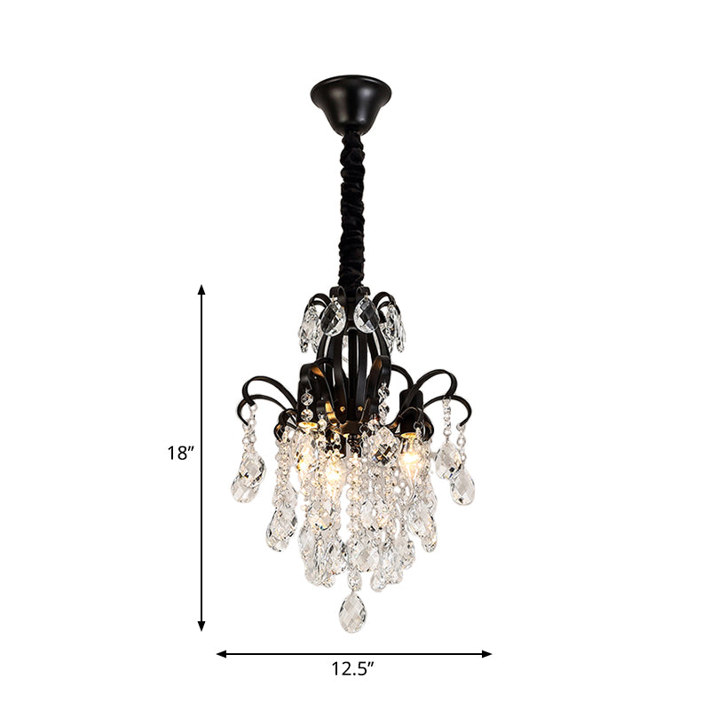 Vintage Teardrop Crystal Chandelier Light - Black Hanging Fixture With Curved Arms 3/7 Lights