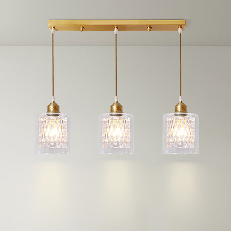 Modern Brass Pendant Light With Prismatic Glass Shade - 3 Lights Cylinder Design