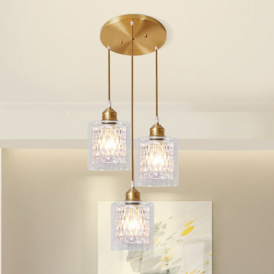 Modern Brass Cylinder Pendant Light with Prismatic Glass Shade - 3 Lights, Linear/Round Canopy