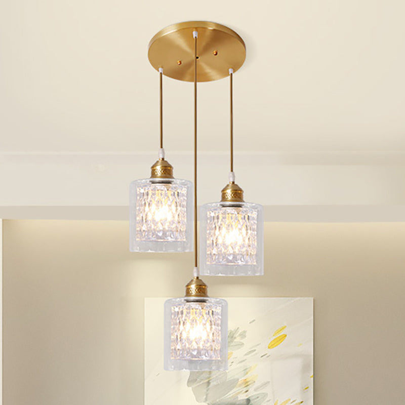 Modern Brass Pendant Light With Prismatic Glass Shade - 3 Lights Cylinder Design