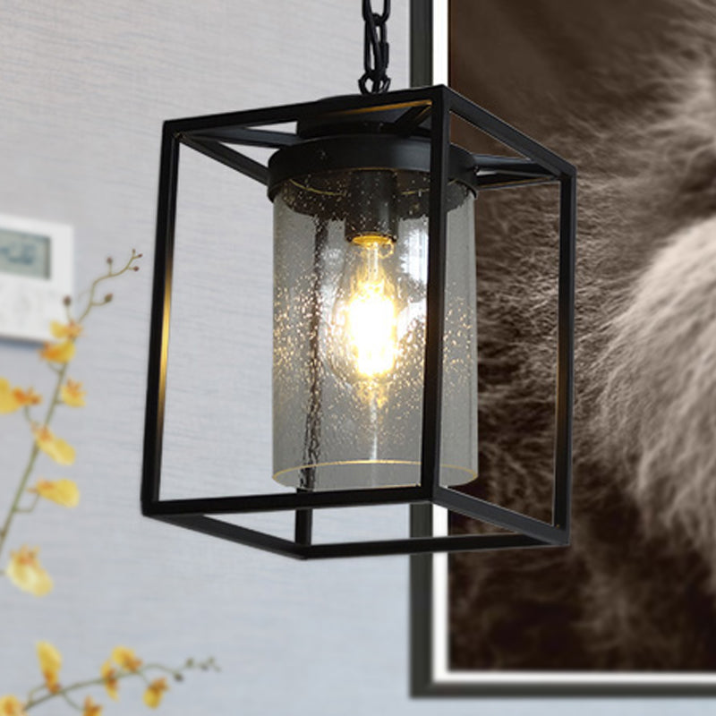 Industrial Black Pendant Light with Seeded Glass Cylinder for Indoor Spaces - Includes Cage