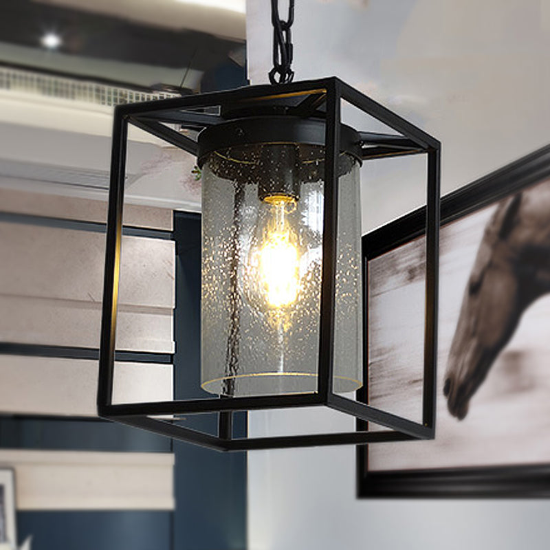 Industrial Seeded Glass Pendant With Black Cage For Indoor Lighting