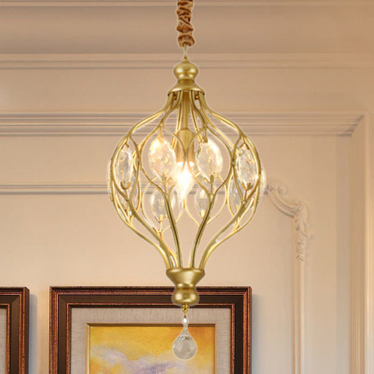 Contemporary Wire Cage Pendant Light with Crystal Accent and Black/Brass Finish