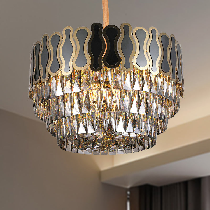 Modern Metal and Crystal Tiered Hanging Light Fixture - 8/11 Lights - Black Chandelier - 18"/23.5" Wide