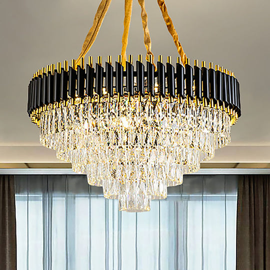Modern Conical Chandelier with Crystal Accents - 4-Light Black Ceiling Pendant for Living Room