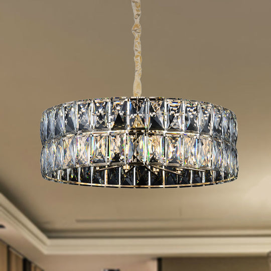 Gold Postmodern Drum Chandelier Light - Faceted Crystal, 8 Lights - Ceiling Hanging Fixture