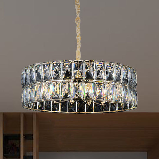 Gold Postmodern Drum Chandelier Light - Faceted Crystal, 8 Lights - Ceiling Hanging Fixture