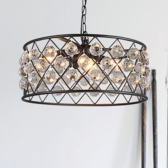 Modern Round Black Chandelier Light with Iron Frame, Metal, and Crystal - 4 Lights