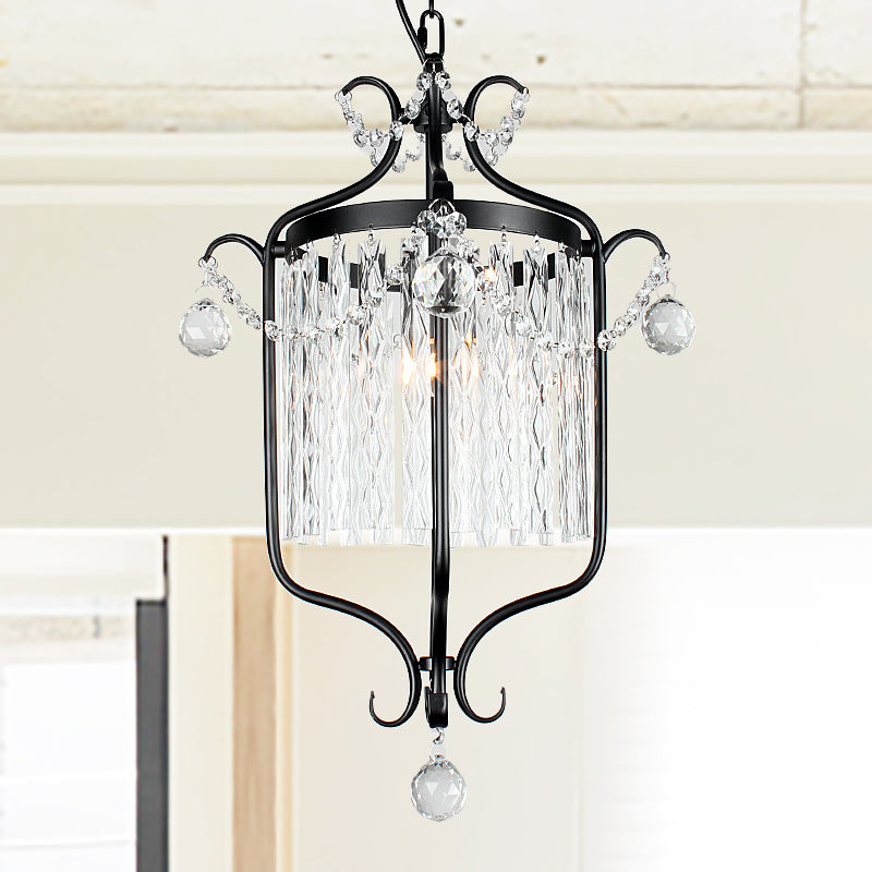 Modern 1-Light Hanging Bird Cage Pendant Light With Crystal Shade - Black/White Ceiling Fixture