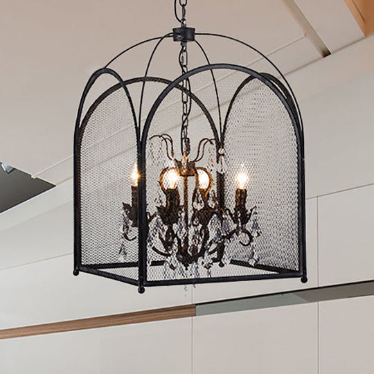 Modern Black Mesh Cage Chandelier Lamp with Crystal Accents - 4 Heads Hanging Light Kit for Living Room