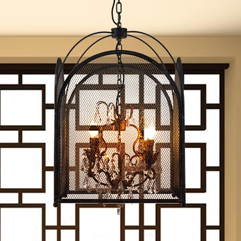 Modern Black Mesh Cage Chandelier Lamp with Crystal Accents - 4 Heads Hanging Light Kit for Living Room