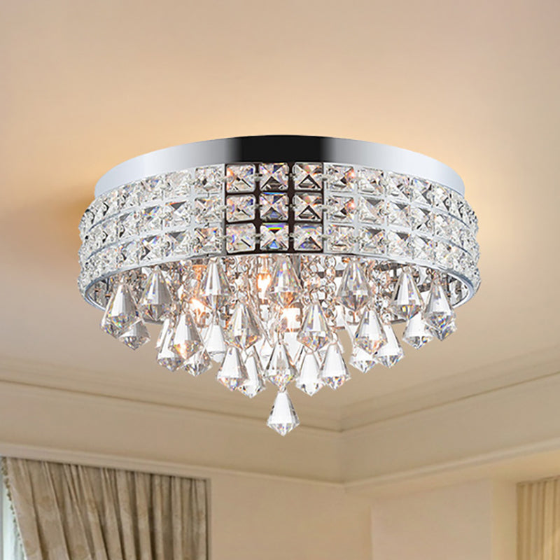Modern Silver Drum Flush Mount Light with Crystal Accents - 4-Light Bedroom Ceiling Fixture