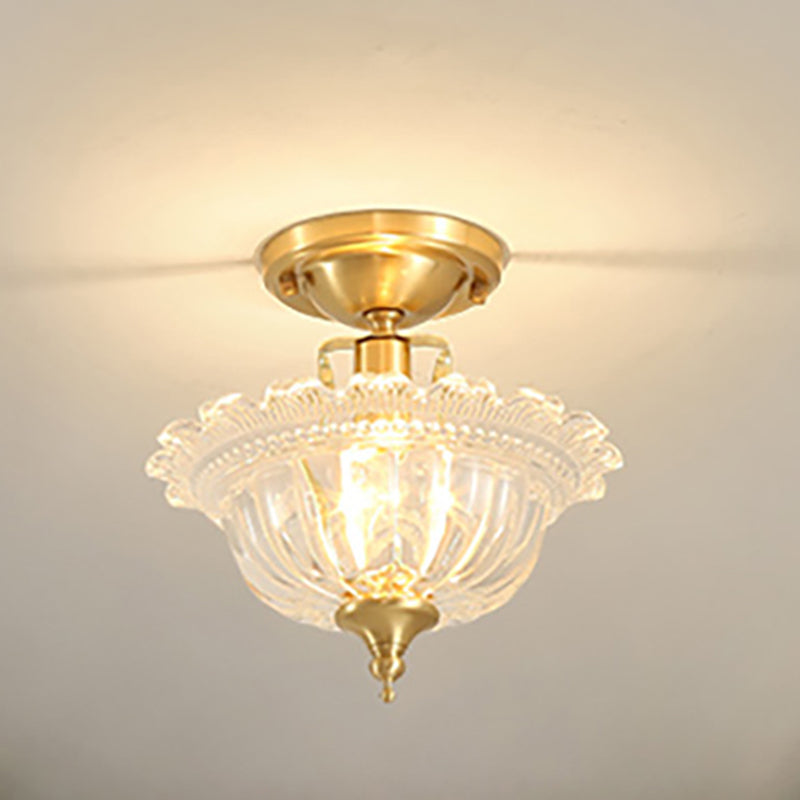 Contemporary Brass Ceiling Flush Mount with Flared Semi Flush Ruffle Glass Shade - 1 Light