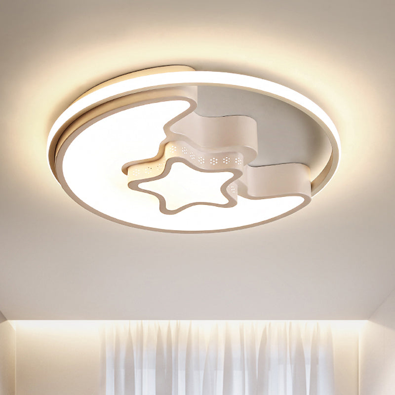 Modern Metal Star and Moon Flush Mount Ceiling Light – White Etched Finish for Foyer