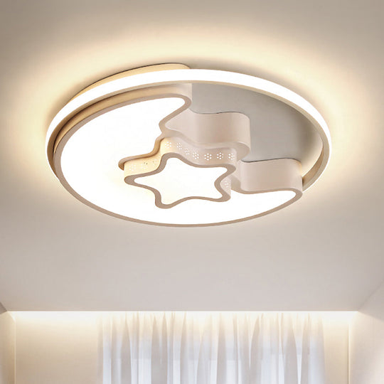 Modern Metal Star and Moon Flush Mount Ceiling Light – White Etched Finish for Foyer