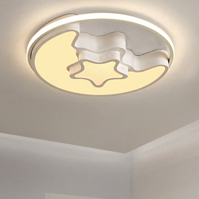 Modern Metal Star and Moon Flush Mount Ceiling Light – White Etched Finish for Foyer
