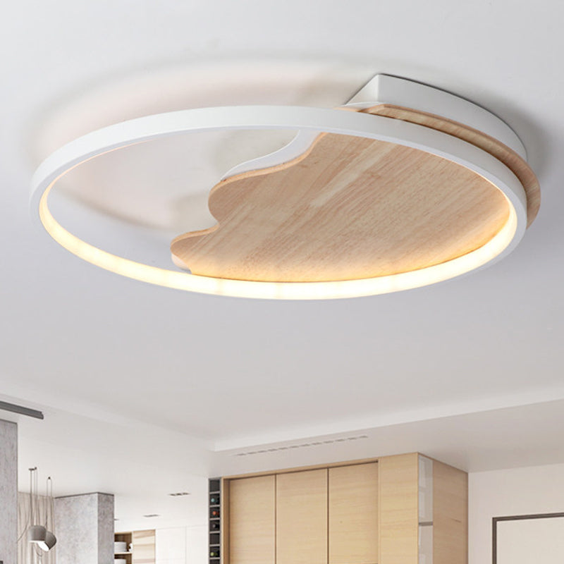 Nordic Wave Flush Ceiling Light with Wood Ring - White Ceiling Fixture for Study Room