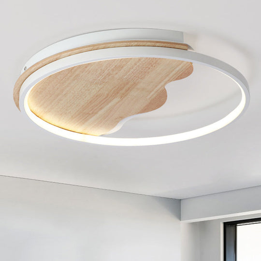 Nordic Wave Flush Ceiling Light with Wood Ring - White Ceiling Fixture for Study Room