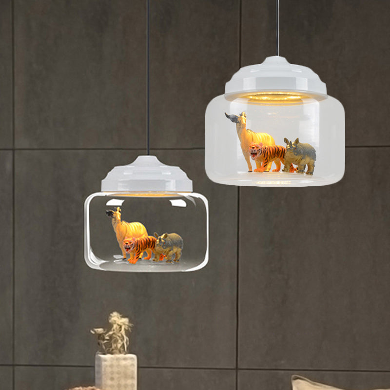 Modern Adjustable Glass Cylinder Bedroom Pendant Lamp With Animal Decor (Random Shipment)